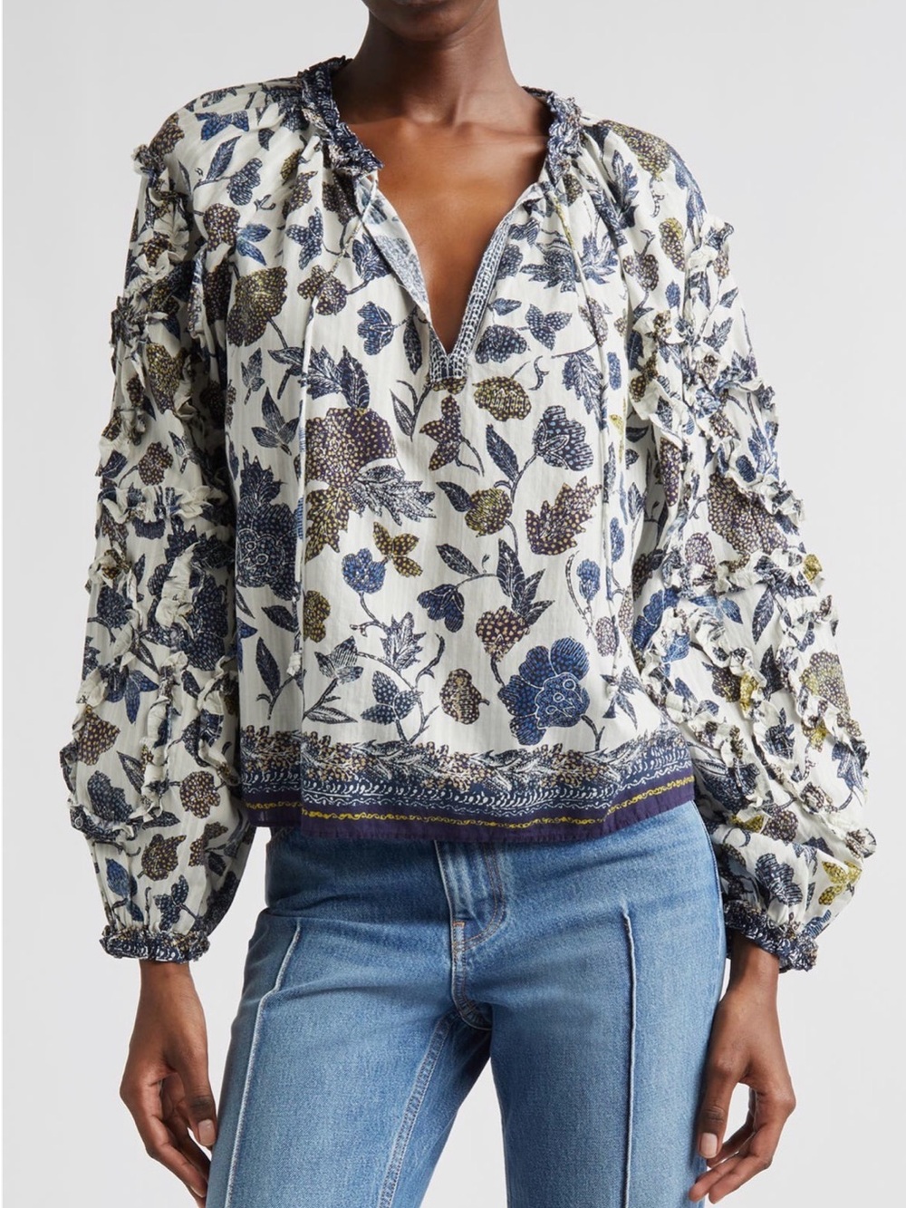 Ulla Johnson Azrou Floral Ruffle Split Neck
Peasant Top Sz 0 but fits up to Sz 6